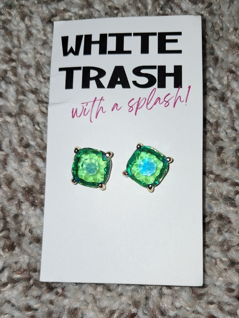 White Trash With a Splash Green Crystal Stud Earrings
